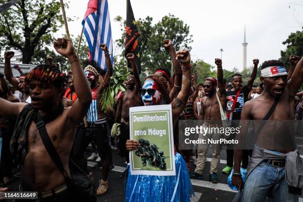 Papuan students shout slogans during a rally in Jakarta, Indonesia, on August 28, 2019. Student and activist gathered for a protest supporting West...