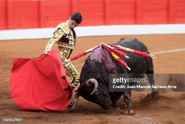 Spanish bullfighter Pablo Aguado performs during a bullfight as part of the Feria Santiago at Coso de Cuatro Caminos on July 25, 2019 in Santander,...