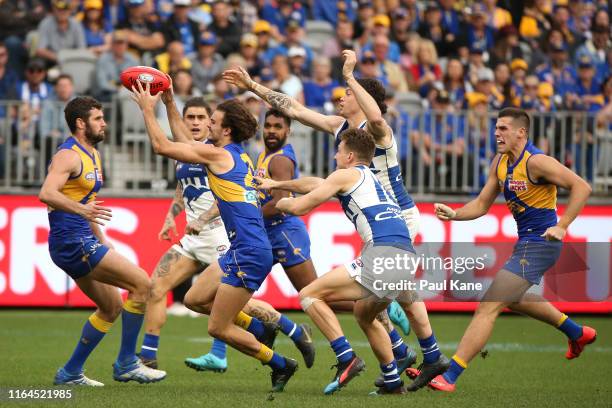 Jack Petruccelle of the Eagles in action during the round 19 AFL match between the West Coast Eagles and the North Melbourne Kangaroos at Optus...