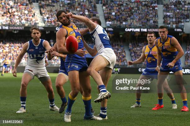 Jack Darling of the Eagles and Sam Durdin of the Kangaroos contest for the ball during the round 19 AFL match between the West Coast Eagles and the...