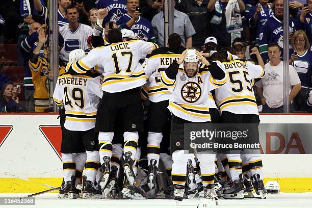 The Boston Bruins celebrates after defeating the Vancouver Canucks in Game Seven of the 2011 NHL Stanley Cup Final at Rogers Arena on June 15, 2011...
