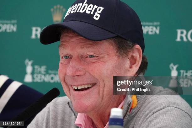 Tom Watson announces his retirement from future senior opens at a press conference after the third round of the Senior Open presented by Rolex played...