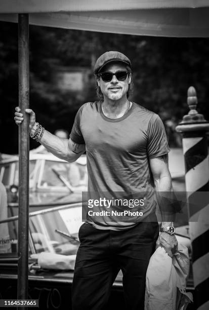 Image was converted to black and white) Brad Pitt is seen arriving at the 76th Venice Film Festival on August 28, 2019 in Venice, Italy.