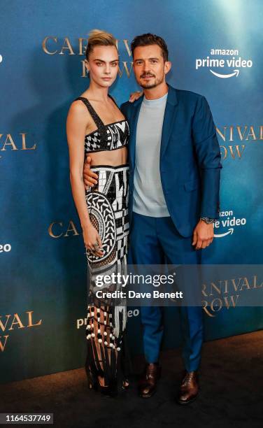 Cara Delevigne and Orlando Bloom attend the London Premiere of "Carnival Row" at The Ham Yard Hotel on August 28, 2019 in London, England.