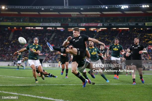 Beauden Barrett of the All Blacks clears a kick during the 2019 Rugby Championship Test Match between New Zealand and South Africa at Westpac Stadium...