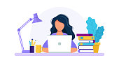 Woman with laptop, studying or working concept. Table with books, lamp, coffee cup. Vector illustration in flat style