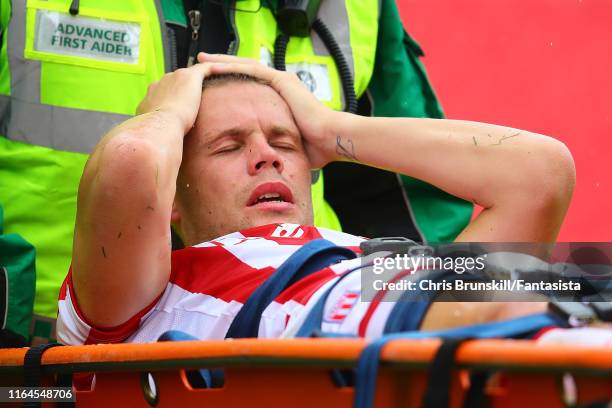 Ryan Shawcross of Stoke City leaves the field through injury during the Pre-Season Friendly match between Stoke City and Leicester City at Bet365...