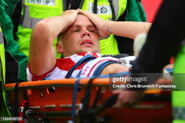 Ryan Shawcross of Stoke City leaves the field through injury during the Pre-Season Friendly match between Stoke City and Leicester City at Bet365...