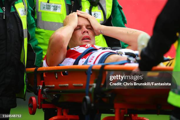 Ryan Shawcross of Stoke City leaves the field through injury during the Pre-Season Friendly match between Stoke City and Leicester City at Bet365...