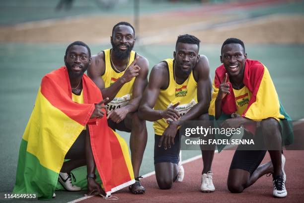 Ghana's team is pictured after they won during the men's 4x100m Relay at the 12th edition of the "African Games" on August 28, 2019 in Rabat.