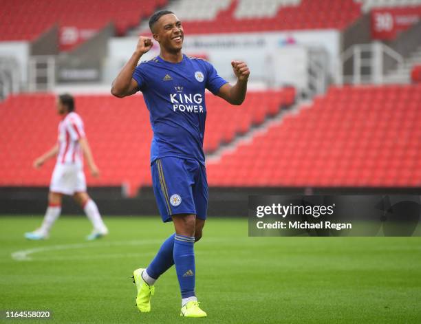 Youri Tielemans of Leicester celebrates his goal during the Pre-Season Friendly match between Stoke City and Leicester City at the Bet365 Stadium on...