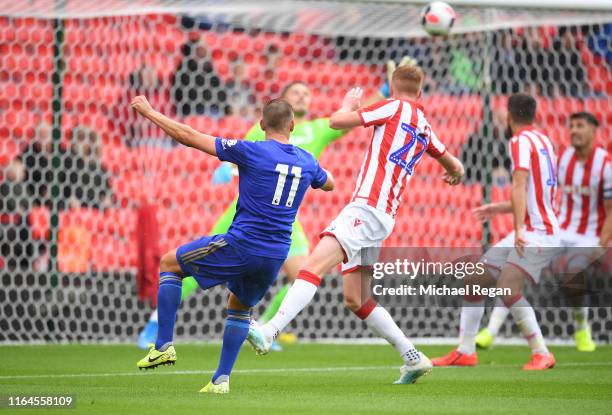 Mark Albrighton of Leicester scores to make it 1-0 during the Pre-Season Friendly match between Stoke City and Leicester City at the Bet365 Stadium...