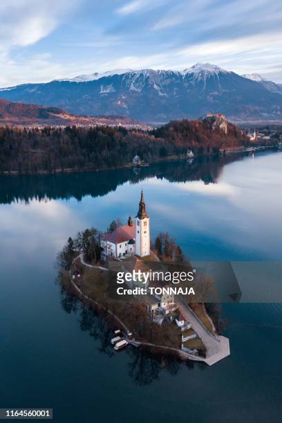 aerial view of lake bled, slovenia - bled slovenia stock pictures, royalty-free photos & images