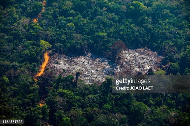 Aerial view of deforestation in the Menkragnoti Indigenous Territory in Altamira, Para state, Brazil, in the Amazon basin, on August 28, 2019.