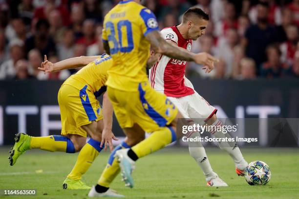 Dusan Tadic of Ajax scores the second goal to make it 2-0 during the UEFA Champions League match between Ajax v Apoel Nicosia at the Johan Cruijff...