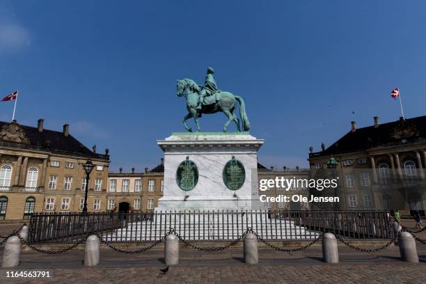 Equestrian statue at Amalienborg Royal Palace on August 28, 2019 in Copenhagen, Denmark.