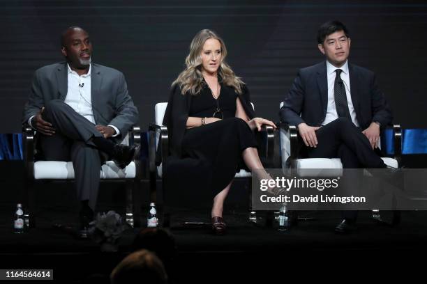 Vernon Sanders, Amazon Studios Co-Head of Television, Jennifer Salke, Head of Amazon Studios and Albert Cheng, Amazon Studios COO speak onstage...