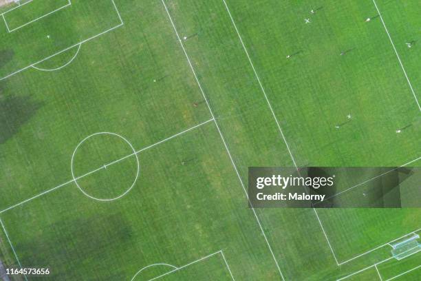 aerial view of multiple soccer fields. dorne view. - soccer field outline stock pictures, royalty-free photos & images