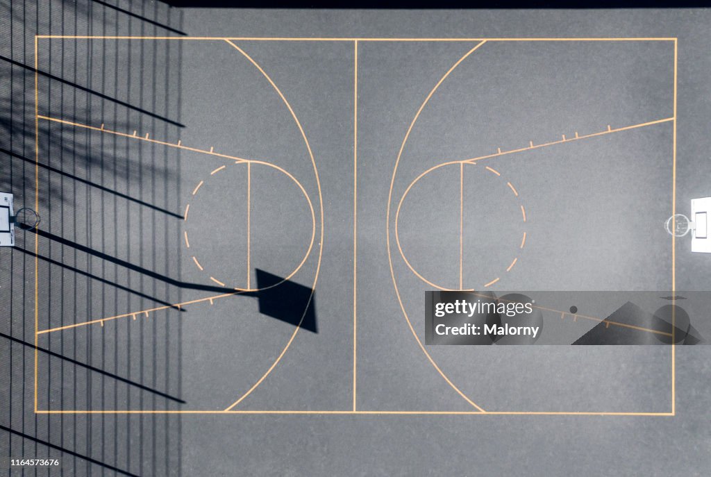 Aerial view of a outdoor basketball court. Drone view.