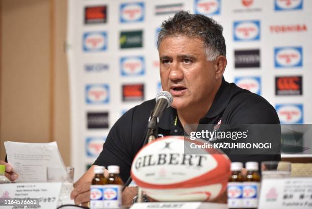 Japan's national rugby team head coach Jamie Joseph takes part in a press conference to announce the 31-man squad for the Rugby World Cup in Tokyo on...