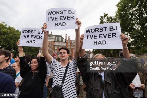 Demonstrators gather outside Houses of Parliament on 28 August, 2019 in London, England, to protest against plans to suspend parliament for five...