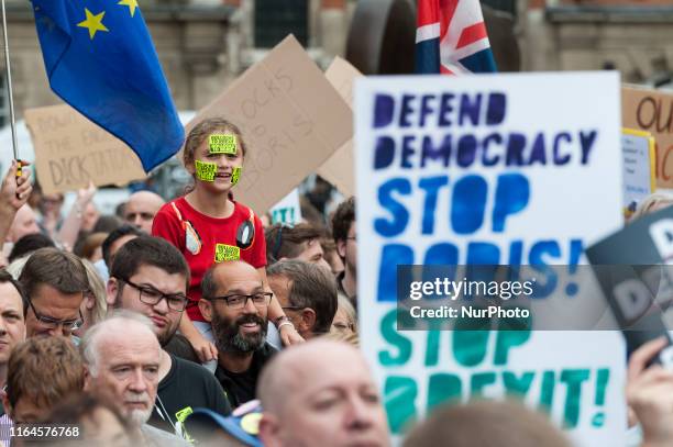 Thousands of demonstrators gather outside Houses of Parliament on 28 August, 2019 in London, England, to protest against plans to suspend parliament...