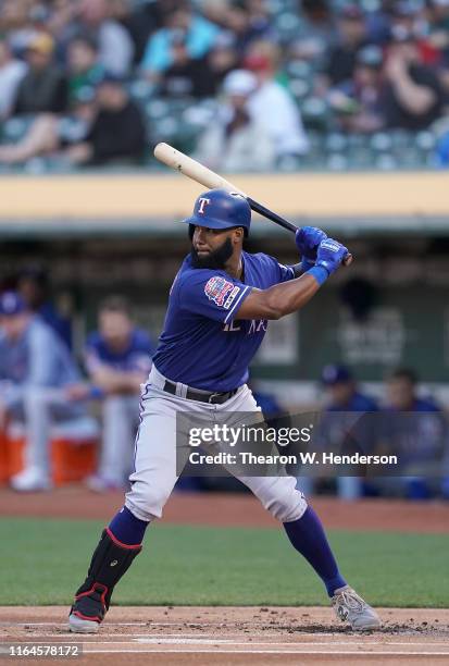 Danny Santana of the Texas Rangers bats against the Oakland Athletics in the top of the first inning at Ring Central Coliseum on July 26, 2019 in...