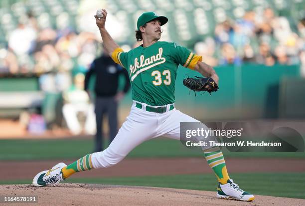 Daniel Mengden of the Oakland Athletics pitches against the Texas Rangers in the top of the first inning at Ring Central Coliseum on July 26, 2019 in...