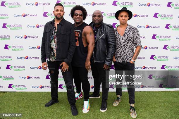 Rahsaan Bromfield, Andrez Harriott, Noel Simpson and Jade Jones from Damge attend KISSTORY On The Common 2019 at Streatham Common on July 27, 2019 in...