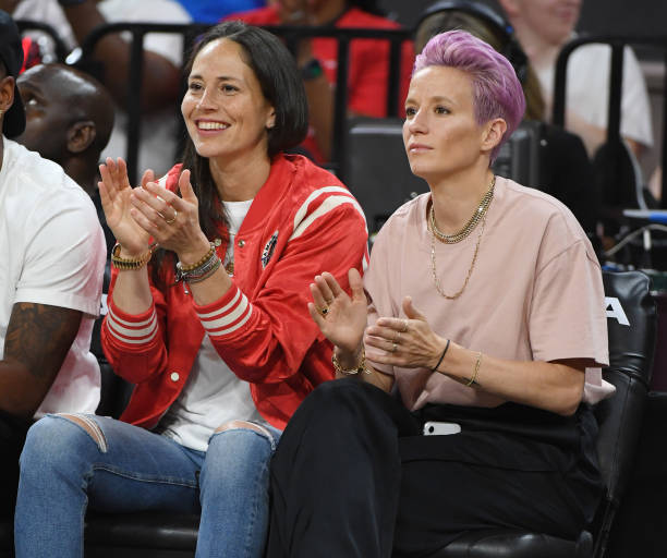 Sue Bird of the Seattle Storm and soccer player Megan Rapinoe attend the WNBA All-Star Game 2019 at the Mandalay Bay Events Center on July 27, 2019...