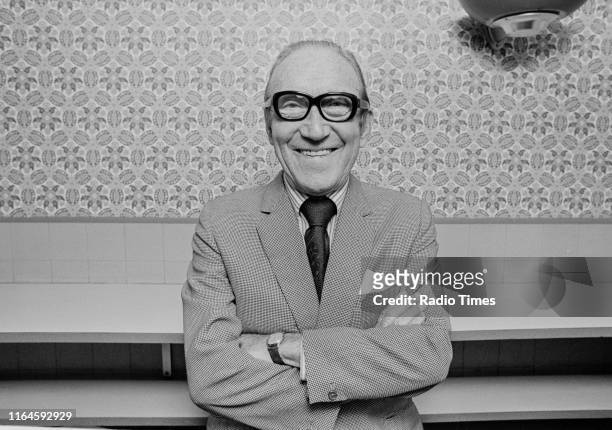 Comedian Arthur Askey during a recording for the BBC Radio 4 comedy series 'Does the Team Think?', September 1974.