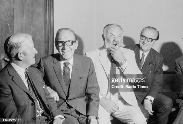 Comedians Ted Ray, Arthur Askey, Jimmy Edwards and Cyril Fletcher pictured together during a recording for the BBC Radio 4 comedy series 'Does the...