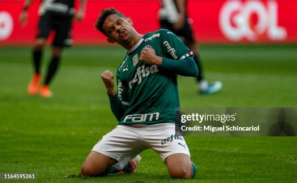 Gustavo Scarpa of Palmeiras celebrates after scoring the first goal of his team during a match between Palmeiras and Vasco for the Brasileirao Series...