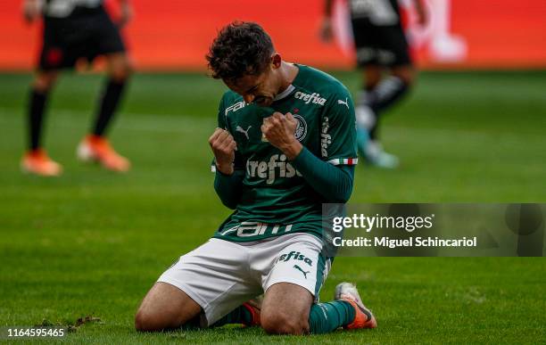 Gustavo Scarpa of Palmeiras celebrates after scoring the first goal of his team during a match between Palmeiras and Vasco for the Brasileirao Series...