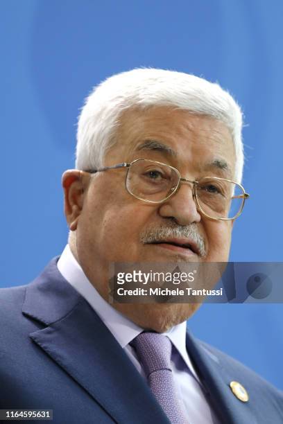 Mahmoud Abbas, President of the Palestinian National Authority gives statements to the media prior to talks at the Chancellery on August 29, 2019 in...