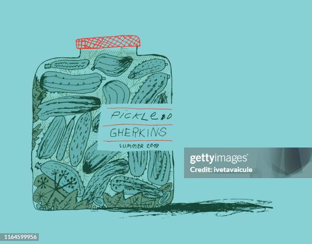 illustrazioni stock, clip art, cartoni animati e icone di tendenza di barattolo digherkins sottaceto - aceto
