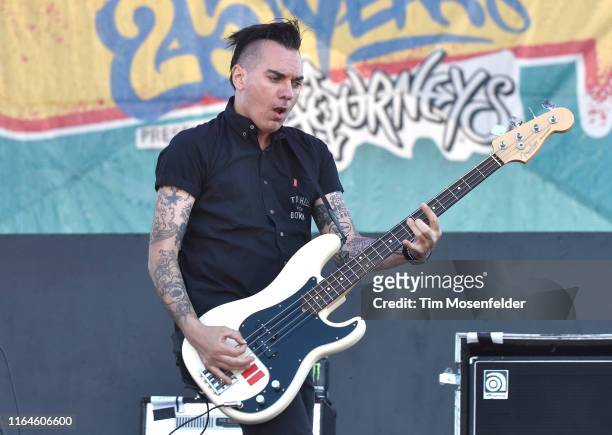 Chris#2 of Anti-Flag performs during the Vans Warped Tour 25th Anniversary on July 20, 2019 in Mountain View, California.