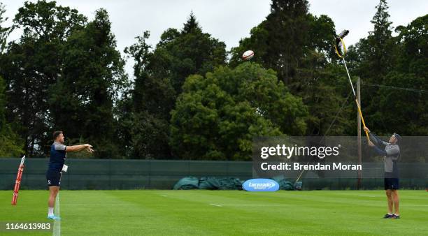 Kildare , Ireland - 29 August 2019; Rob Herring practices his lineout throwing with forwards coach Simon Easterby during Ireland Rugby squad training...