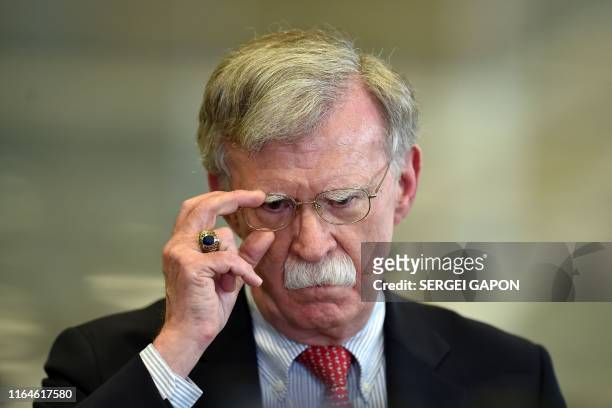 National Security Advisor John Bolton answers journalists questions after his meeting with Belarus President in Minsk on August 29, 2019.