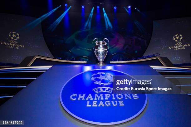 The UEFA Champions League trophy is seen prior to the UEFA Champions League Draw, part of the UEFA European Club Football Season Kick-Off 2019/2020...