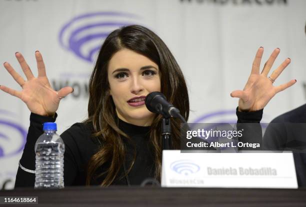 Daniela Bobadilla talks onstage to promote Warner Bros. Animation's 'Justice League Vs. The Fatal Five' at WonderCon 2019 on Day 1 held at Anaheim...