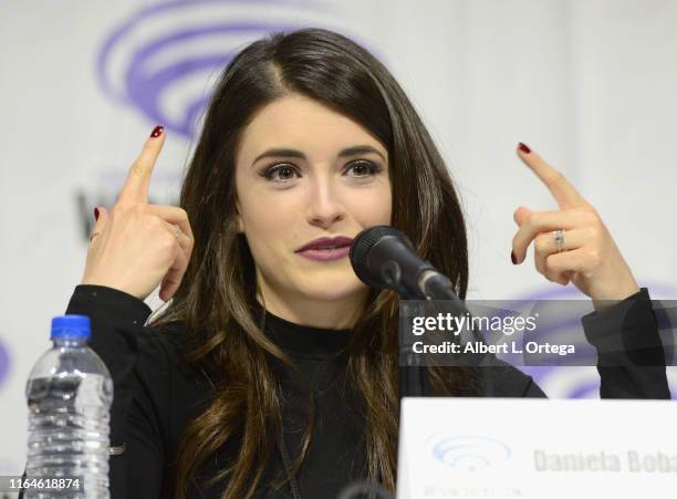 Daniela Bobadilla talks onstage to promote Warner Bros. Animation's 'Justice League Vs. The Fatal Five' at WonderCon 2019 on Day 1 held at Anaheim...