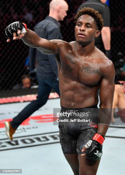 Hakeem Dawodu of Canada celebrates after his knockout victory over Yoshinori Horie in their featherweight bout during the UFC 240 event at Rogers...