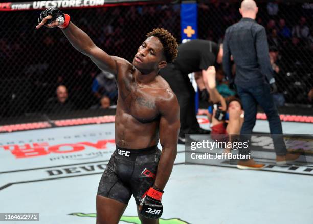 Hakeem Dawodu of Canada celebrates after his knockout victory over Yoshinori Horie in their featherweight bout during the UFC 240 event at Rogers...