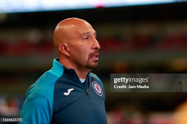 Oscar Perez goalkeeper of Cruz Azul looks on prior the 2nd round match between Cruz Azul and Toluca as part of the Torneo Apertura 2019 Liga MX at...