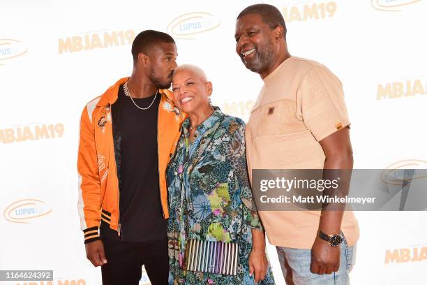 Michael B. Jordan, Donna Jordan and Michael A. Jordan attend the 3rd annual MBJAM19 presented by Michael B. Jordan and Lupus LA at Dave & Busters on...