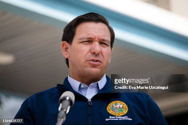 Governor Ron DeSantis gives a briefing regarding Hurricane Dorian to the media at National Hurricane Center on August 29, 2019 in Miami, Florida....
