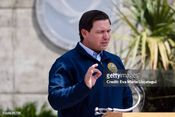 Governor Ron DeSantis gives a briefing regarding Hurricane Dorian to the media at National Hurricane Center on August 29, 2019 in Miami, Florida....