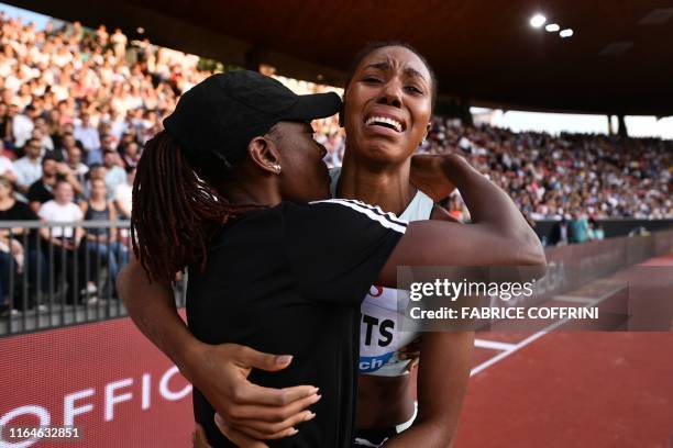 Jamaica's Shanieka Ricketts cries and celebrates after winning the Women Triple Jump during the IAAF Diamond League competition on August 29 in...