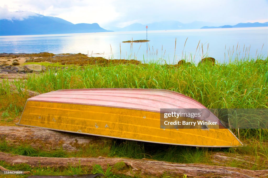 Rowboat on logs near grasses and shoreline in Wrangell, Alaska, USA. Located at mouth of the Stikine River.